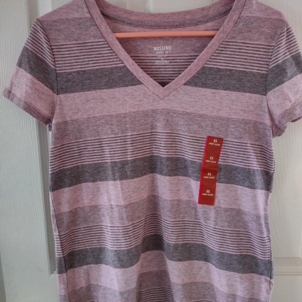 Mossimo Juniors Pink Gray Stripe V-Neck T-Shirt XS